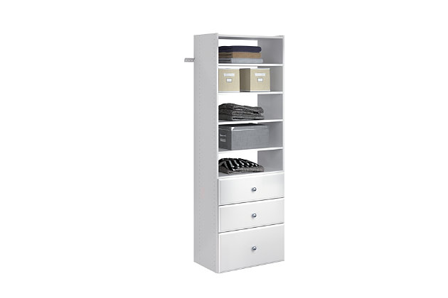 Get organized with the easy to install premier tower closet kit. The kit comes with three 8 in. high drawers with included knobs and full extension ball bearing glides.  The tower also has 12 Ft. of open shelf space, providing plenty of room to store folded clothing, linens, shoes, hats or other items.  This closet tower hangs on a wall mounted steel rail for an easy installation.  Each kit can be installed on its own or combined with other closet kits and comes with all of the required installation hardware. For any questions regarding this product, please contact customers@thestowcompany.com or 1-800-562-4257 Monday through Friday 8:00AM to 5:00PM (EST)Ships in 4 boxes | Kit mounts to the wall with included hardware so there is no need to remove baseboards | Includes three 8 in. H x 24 in. W drawers with full extension, ball-bearing glides | Can be installed by itself or with any  of the other available closet kits | Made from durable scratch and moisture resistant laminant board