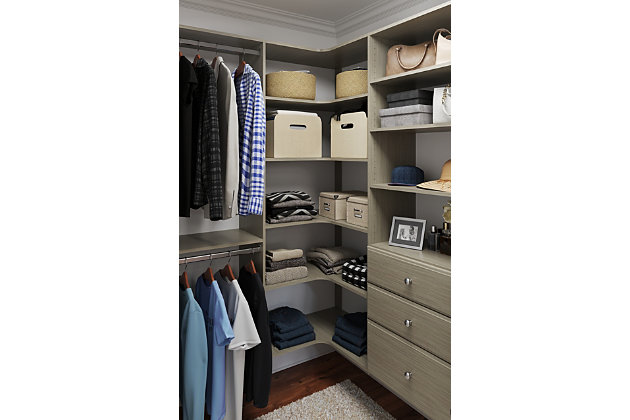 The corner tower kit can help optimize your available storage space in those tough to reach corner sections.  It comes with three fixed and three adjustable, 14-inch-deep shelves to allow for flexibility.  This closet system hangs on wall mounted steel rails for an easy installation.  Each kit can be installed on its own or combined with other closet kits and comes with all of the required installation hardware. For any questions regarding this product, please contact customers@thestowcompany.com or 1-800-562-4257 Monday through Friday 8:00AM to 5:00PM (EST)Ships in 4 boxes | Kit mounts to the wall with included hardware so there is no need to remove baseboards | Includes 3 fixed and 3 adjustable shelves | Can be installed by itself or with any  of the other available closet kits | Made from durable scratch and moisture resistant laminant board