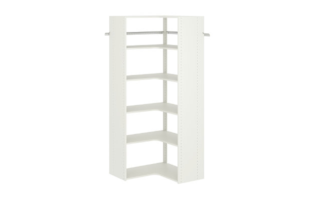 The corner tower kit can help optimize your available storage space in those tough to reach corner sections.  It comes with three fixed and three adjustable, 14-inch-deep shelves to allow for flexibility.  This closet system hangs on wall mounted steel rails for an easy installation.  Each kit can be installed on its own or combined with other closet kits and comes with all of the required installation hardware. For any questions regarding this product, please contact customers@thestowcompany.com or 1-800-562-4257 Monday through Friday 8:00AM to 5:00PM (EST)Ships in 4 boxes | Kit mounts to the wall with included hardware so there is no need to remove baseboards | Includes 3 fixed and 3 adjustable shelves | Can be installed by itself or with any  of the other available closet kits | Made from durable scratch and moisture resistant laminant board