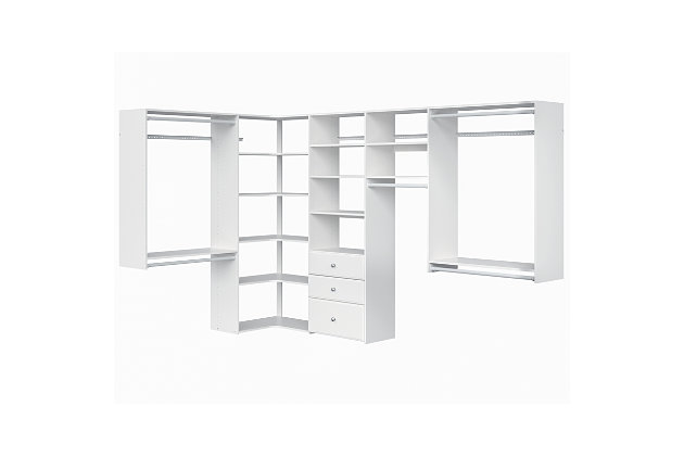 Get organized with this all-inclusive ultimate corner kit. This box includes everything you need to complete your closet which includes 49-ft of shelf space and 14-ft of hanging space.  The kit comes with two 8” drawers and one 12” drawer with included knobs and full extension ball bearing glides. This closet system can be cut to fit your desired width and hangs on wall mounted steel rails for an easy installation.  Each kit can be installed on its own or combined with other closet kits and comes with all of the required installation hardware. For any questions regarding this product, please contact customers@thestowcompany.com or 1-800-562-4257 Monday through Friday 8:00AM to 5:00PM (EST)Ships in 9 boxes | Kit mounts to the wall with included hardware so there is no need to remove baseboards | Fits closet sizes from 3.5 to 5.5-ft on the short wall and 6.5 to 9.5-ft on the long wall | Can be installed by itself or with any  of the other available closet kits | Made from durable scratch and moisture resistant laminant board | Ships directly from third party vendor. See Warranty Information page for terms & conditions.