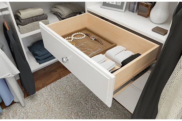 Get organized with this all-inclusive ultimate corner kit. This box includes everything you need to complete your closet which includes 49-ft of shelf space and 14-ft of hanging space.  The kit comes with two 8” drawers and one 12” drawer with included knobs and full extension ball bearing glides. This closet system can be cut to fit your desired width and hangs on wall mounted steel rails for an easy installation.  Each kit can be installed on its own or combined with other closet kits and comes with all of the required installation hardware. For any questions regarding this product, please contact customers@thestowcompany.com or 1-800-562-4257 Monday through Friday 8:00AM to 5:00PM (EST)Ships in 9 boxes | Kit mounts to the wall with included hardware so there is no need to remove baseboards | Fits closet sizes from 3.5 to 5.5-ft on the short wall and 6.5 to 9.5-ft on the long wall | Can be installed by itself or with any  of the other available closet kits | Made from durable scratch and moisture resistant laminant board | Ships directly from third party vendor. See Warranty Information page for terms & conditions.