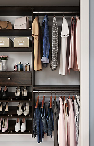 Get organized with the easy to install shoe storage closet kit. This box includes everything you need to complete your closet with 34-ft of shelf space, 9-ft of hanging space and one 8 in. drawer with full extension ball bearing glides.  This closet system can be cut to fit your desired width and hangs on wall mounted steel rails for an easy installation.  Each kit can be installed on its own or combined with other closet kits and comes with all of the required installation hardware. For any questions regarding this product, please contact customers@thestowcompany.com or 1-800-562-4257 Monday through Friday 8:00AM to 5:00PM (EST)Ships in 5 boxes | Kit mounts to the wall with included hardware so there is no need to remove baseboards | This kit can be cut to fit to your desired width for a precise fit | Can be installed by itself or with any  of the other available closet kits | Made from durable scratch and moisture resistant laminant board
