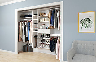 Get organized with the easy to install shoe storage closet kit. This box includes everything you need to complete your closet with 34-ft of shelf space, 9-ft of hanging space and one 8 in. drawer with full extension ball bearing glides.  This closet system can be cut to fit your desired width and hangs on wall mounted steel rails for an easy installation.  Each kit can be installed on its own or combined with other closet kits and comes with all of the required installation hardware. For any questions regarding this product, please contact customers@thestowcompany.com or 1-800-562-4257 Monday through Friday 8:00AM to 5:00PM (EST)Ships in 5 boxes | Kit mounts to the wall with included hardware so there is no need to remove baseboards | This kit can be cut to fit to your desired width for a precise fit | Can be installed by itself or with any  of the other available closet kits | Made from durable scratch and moisture resistant laminant board