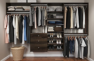 Get organized with the easy to install dual tower closet kit. This box includes everything you need to complete your closet with 30-ft of shelf space, 9-ft of hanging space, one 12 in. drawer and two 8 in. drawers with full extension ball bearing glides.  This closet system can be cut to fit your desired width and hangs on wall mounted steel rails for an easy installation.  Each kit can be installed on its own or combined with other closet kits and comes with all of the required installation hardware. For any questions regarding this product, please contact customers@thestowcompany.com or 1-800-562-4257 Monday through Friday 8:00AM to 5:00PM (EST)Ships in 7 boxes | Kit mounts to the wall with included hardware so there is no need to remove baseboards | This kit can be cut to fit to your desired width for a precise fit | Can be installed by itself or with any  of the other available closet kits | Made from durable scratch and moisture resistant laminant board