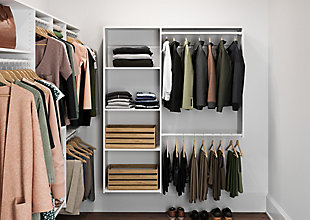 This L-Shaped closet kit was made to be your easy-to-install, walk-in dream! The two-kit combination includes double-hanging for your best button ups, jackets, pants and more. Shelving is included to hold sweaters, denim, and miscellaneous belongings. The shoe shelves provide easy access to footwear. And for some hidden storage, three drawers.  This closet system hangs on wall mounted steel rails for an easy installation.  Each kit can be installed on its own or combined with other closet kits and comes with all of the required installation hardware. For any questions regarding this product, please contact customers@thestowcompany.com or 1-800-562-4257 Monday through Friday 8:00AM to 5:00PM (EST)Ships in 9 boxes | Kit mounts to the wall with included hardware so there is no need to remove baseboards | Kit comes with two 8" drawers and one 12" drawer with full extension ball bearing glides | Can be installed by itself or with any  of the other available closet kits | Made from durable scratch and moisture resistant laminant board | Ships directly from third party vendor. See Warranty Information page for terms & conditions.
