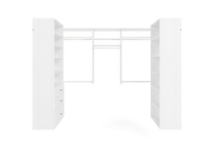 This U-Shaped closet kit was made to be your easy-to-install, walk-in dream! The three-kit combination includes double-hanging and long-hanging space for dresses, button ups and more. Shelving is included to hold sweaters, denim, shoes and miscellaneous belongings. And for some hidden storage, three drawers.  This closet system hangs on wall mounted steel rails for an easy installation.  Each kit can be installed on its own or combined with other closet kits and comes with all of the required installation hardware. For any questions regarding this product, please contact customers@thestowcompany.com or 1-800-562-4257 Monday through Friday 8:00AM to 5:00PM (EST)Ships in 9 boxes | Kit mounts to the wall with included hardware so there is no need to remove baseboards | Kit comes with two 8" drawers and one 12" drawer with full extension ball bearing glides | Can be installed by itself or with any  of the other available closet kits | Made from durable scratch and moisture resistant laminant board