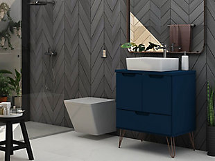 Refresh your bathroom or powder room space with the Rockefeller vanity that offers storage and style all at once. Beautiful splayed metal legs and detailed cut-out cabinet doors are seamless and versatile, easily blending with any interior design. Cabinet doors conceal shelving space to help arrange personal items, cleaning supplies, and more, also include a lower drawer for extra storage.null