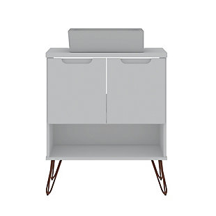 Refresh your bathroom or powder room space with the Rockefeller vanity that offers storage and style all at once. Beautiful splayed metal legs and detailed cut-out cabinet doors are seamless and versatile, easily blending with any interior design. Cabinet doors conceal shelving space to help arrange personal items, cleaning supplies, and more, while a lower open shelf is great for tucking away extra toiletries, diffusers, or candles.null