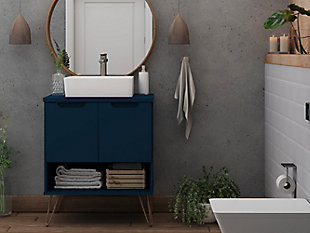 Refresh your bathroom or powder room space with the Rockefeller vanity that offers storage and style all at once. Beautiful splayed metal legs and detailed cut-out cabinet doors are seamless and versatile, easily blending with any interior design. Cabinet doors conceal shelving space to help arrange personal items, cleaning supplies, and more, while a lower open shelf is great for tuc away extra toiletries, diffusers, or candles.null