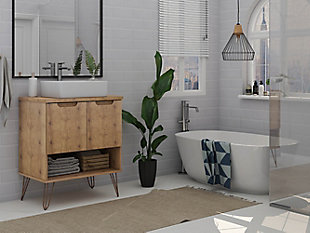 Refresh your bathroom or powder room space with the Rockefeller vanity that offers storage and style all at once. Beautiful splayed metal legs and detailed cut-out cabinet doors are seamless and versatile, easily blending with any interior design. Cabinet doors conceal shelving space to help arrange personal items, cleaning supplies, and more, while a lower open shelf is great for tucking away extra toiletries, diffusers, or candles.null