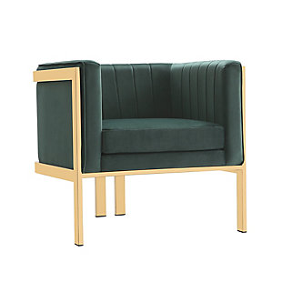 Lounge in 1920s luxury. This sophisticated accent chair is a modern, assertive take on the classic Art Deco style. An open architectural frame in polished brass wraps around the plush velvet seat, creating an inviting combination of simplicity and luxury. The seat’s backrest is accented with vertical stitching to complement it's geometric frame. The symmetrical, streamlined look will add an evocative touch of distinguished ‘20s glamour to any space.Modern Single Seat Armchair Perfect for Living Room Use. Set of 2 | Measures: 31.5 in. Length, 28.35 in. Height, 27.56 in. Depth. | Stainless Steel Metal Frame with Polished Brass Finish. | Upholstered in Soft Luxurious Velvets. | High Density Foam Filled Padded Backrest with Seat Cushion. | Geometric 3 Base Leg Frame Base Design. | Weight Capacity: 300 Lbs. Seat Height: 20.08" | Delivered to you Fully Assembled! No Assembly Required!