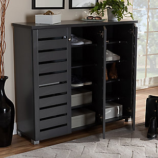 Baxton Studio Adalwin 3-Door Shoe Storage Cabinet, Dark Gray, rollover