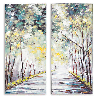 Bring fairy-tale essence into your living space with beautiful shades of green and gold in the Donagh wall art set. Tall trees form a canopy underneath glistening rays and the hand-painted embellishments emphasize the illusion of a mystical forest.Set of 2 | Gallery wrapped canvas | Unframed | Hand painted embellishment | Due to the hand-painted/hand-textured process | D-ring bracket hanger | Clean with a soft, dry cloth