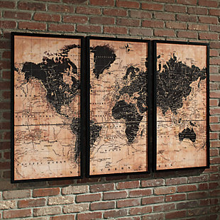 Continental divide. This 3-piece world map art work marks the spot for world-class style. Gallery wrapped canvases are punctuated with striking black frames, with mounted brackets for easy hanging.Set of 3 | Gallery wrapped canvas | Tan/black palette | Black frame | Due to hand-painted details, no two will be exactly the same | D-ring hanger | Clean with a soft, dry cloth