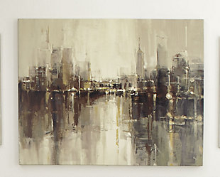 Whether you’re a proud urbanite or a country mouse with big city dreams, you’ll love our Barid wall art. Abstract cityscape is depicted in an array of neutral shades with subtle pops of yellow and blue.Clean with a soft, dry cloth | Sawtooth hanger | Giclee reproduction | Brown, black, gray, white and yellow palette | Gallery wrapped canvas