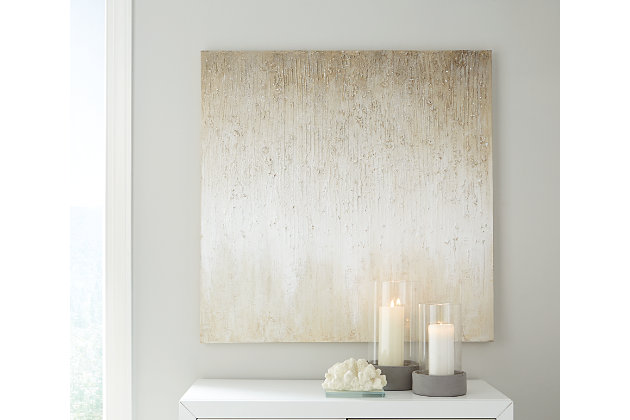 Inspired by celestial heavens, the Cristela wall art sets a tone of ethereal enchantment in any space. Light and bright shades of taupe, cream and silver shine like beams of starlight, making it the perfect final touch in any home.Unframed gallery wrapped canvas | Hand painted with glitter embellishment | D-ring bracket hanger | Clean with a soft, dry cloth | Due to the hand-painted/hand-textured process, some variations may occur