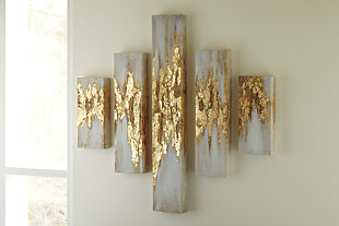All that glitters is always gold with the Devlan wall art set. Fancy up your space with just the right amount of chic sparkle. The golden texturing glams up the free-flowing pattern that mimics beautiful, natural erosion—talk about high-drama styling.Set of 5 | Unframed gallery wrapped canvas | Hand painted with gold leaf embellishment | Sawtooth hanger | Due to the hand-painted/hand-textured process | Clean with a soft, dry cloth