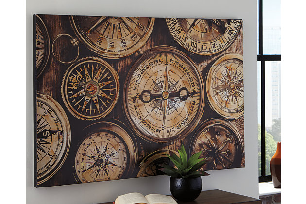 With its compilation of antique compasses, this wall art provides such an intriguing point of view. Unframed gallery wrapped canvas gives the vintage-inspired imagery a modern sensibility.Unframed gallery wrapped canvas | Black, brown and goldtone palette | D-ring bracket hanger | For vertical or horizontal hanging | Due to hand-painted embellishment, no two will be exactly the same