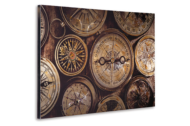 With its compilation of antique compasses, this wall art provides such an intriguing point of view. Unframed gallery wrapped canvas gives the vintage-inspired imagery a modern sensibility.Unframed gallery wrapped canvas | Black, brown and goldtone palette | D-ring bracket hanger | For vertical or horizontal hanging | Due to hand-painted embellishment, no two will be exactly the same