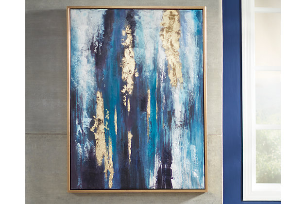 Contemporary à la mode. The Dinorah wall art is calming and abstract. Strokes of blue and teal are energized with goldtone leaf embellishment. Goldtone frame keeps it all contained.Framed gallery wrapped canvas | Goldtone frame | D-ring bracket hanger | Clean with soft, dry cloth