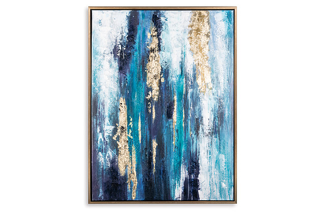 Contemporary à la mode. The Dinorah wall art is calming and abstract. Strokes of blue and teal are energized with goldtone leaf embellishment. Goldtone frame keeps it all contained.Framed gallery wrapped canvas | Goldtone frame | D-ring bracket hanger | Clean with soft, dry cloth
