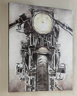 Full-throttle art. Even if you'd never dare to ride, the Jaimin gallery wrapped canvas wall art is a tasteful reflection of your free spirit. Masterfully rendered motorcycle motif is right on track.Gallery wrapped canvas wall art | Hand-painted details | Gray/brown/white palette | D-ring bracket