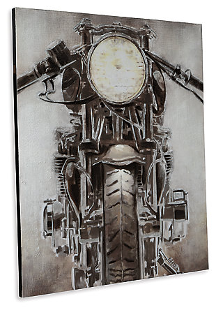 Full-throttle art. Even if you'd never dare to ride, the Jaimin gallery wrapped canvas wall art is a tasteful reflection of your free spirit. Masterfully rendered motorcycle motif is right on track.Gallery wrapped canvas wall art | Hand-painted details | Gray/brown/white palette | D-ring bracket