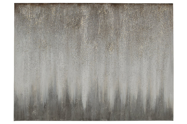 An alluring, understated elegance fills your home with the Paytah wall art. Textured abstract design is reminiscent of beautiful foggy landscapes. Hand-painted silvertone, gray and white shades are embellished with glitter for that extra hint of sparkle.Unframed gallery wrapped canvas | Textured finish with glitter embellishment | Due to hand-painting, no two will be exactly the same | D-ring bracket hanger | Clean with soft, dry cloth