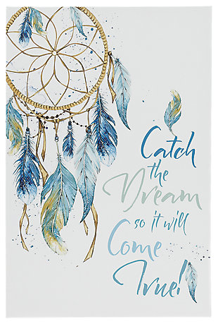 Dream catcher wall art is a dreamy addition in kids room decor. Sporting a pretty palette of teal, green, tan and white, it’s got an ethereal look that’s pure delight.Gallery wrapped canvas | Unframed | Sawtooth hanger | Clean with a soft, dry cloth