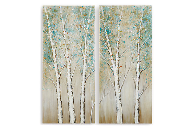 Take your decor to colorful new heights with the magnificent trees depicted in the Judson wall art set. The tall trees are hand painted in detail from the branches to the leaves. Since the colors are light, this duo can certainly brighten a room. No two are alike—what a natural choice for any wall.Unframed, set of 2 | Gallery wrapped canvas | Hand painted in shades of taupe, white, green and ochre | Due to hand-painting, no two will be exactly the same | D-ring bracket hanger; vertical hanging only | Clean with a soft, dry cloth