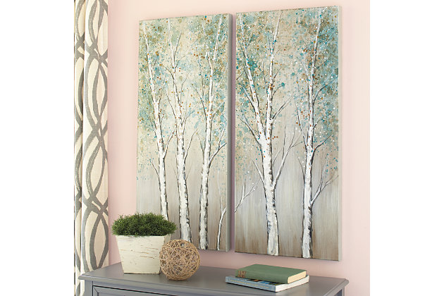 Take your decor to colorful new heights with the magnificent trees depicted in the Judson wall art set. The tall trees are hand painted in detail from the branches to the leaves. Since the colors are light, this duo can certainly brighten a room. No two are alike—what a natural choice for any wall.Unframed, set of 2 | Gallery wrapped canvas | Hand painted in shades of taupe, white, green and ochre | Due to hand-painting, no two will be exactly the same | D-ring bracket hanger; vertical hanging only | Clean with a soft, dry cloth