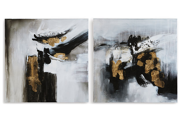 Add to a modern escape with the Jerrin wall art set. Shades of black, gray and white with pops of gold blend for a medley of abstract shapes that are sure to make your imagination run wild.Unframed, set of 2 | Gallery wrapped canvas | In shades of black, white and gray with hand painted gold leaf embellishment | Due to hand-painting, no two will be exactly the same | D-ring bracket hanger | Clean with a soft, dry cloth