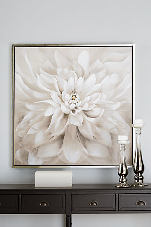 Bring serenity to your modern paradise with Jalisa wall art. Unfurled tight pedals full of enchanting beauty depicted in this flower portrait provide a soothing backdrop in any decor, especially a modern decor. The flower is in shades of taupe and white and has gold leaf embellishment—quite pretty for adding a touch of nature to any room.Gallery wrapped canvas | In shades of taupe and white; hand-painted gold leaf embellishment | Due to hand-painting, no two will be exactly the same | D-ring bracket hanger | Clean with a soft, dry cloth
