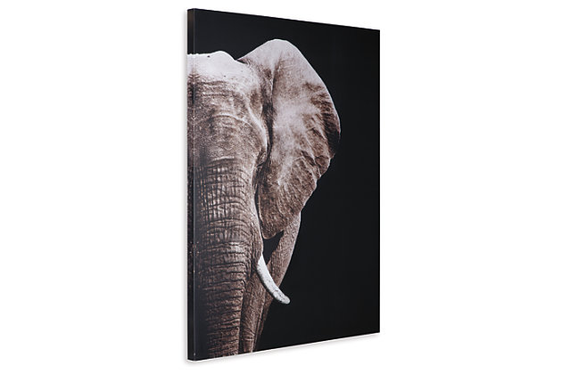 The elephant is a symbol of so many things: power, prosperity, wisdom, fertility, good luck—and, of course, safeguarding the home. Whatever you believe, you can’t deny the high-style appeal of this elegantly done elephant wall art that blends shades of black, white and gray for dramatic effect.Unframed gallery wrapped canvas | Black, white and gray palette | D-ring bracket hanger | For vertical hanging