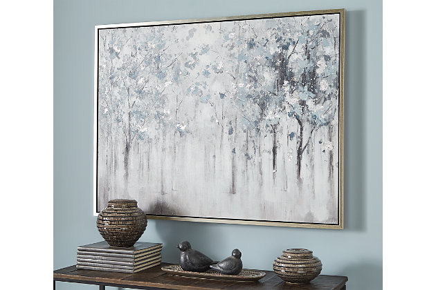 Bring a calm, relaxed feeling into your home with this beautifully abstract impression of a misty woodland glade. Natural elements depicted in shades of blue, gray and white lend a soothing touch to your favorite place.Gallery wrapped framed canvas | Hand-painted | D-ring hanger