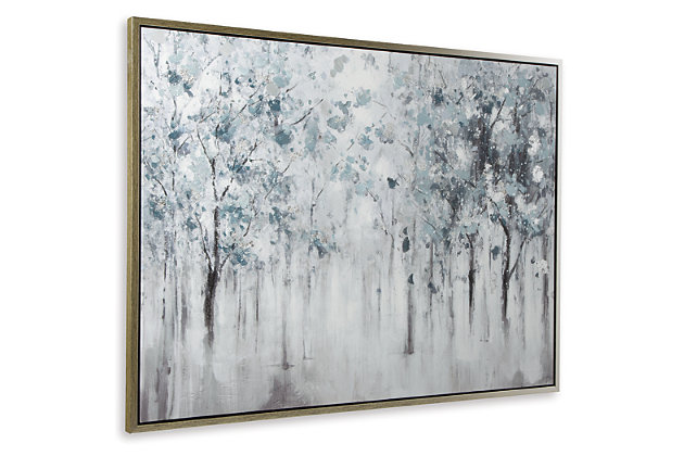 Bring a calm, relaxed feeling into your home with this beautifully abstract impression of a misty woodland glade. Natural elements depicted in shades of blue, gray and white lend a soothing touch to your favorite place.Gallery wrapped framed canvas | Hand-painted | D-ring hanger