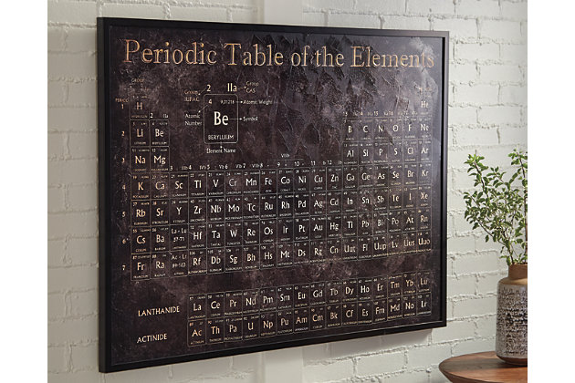 This black and white artwork is just the right formula for showcasing your brilliant sense of style. Gallery wrapped canvas of the periodic table features hand embellishing for an authentic look.Gallery wrapped framed canvas | Hand painted embellishment | D-ring hanger