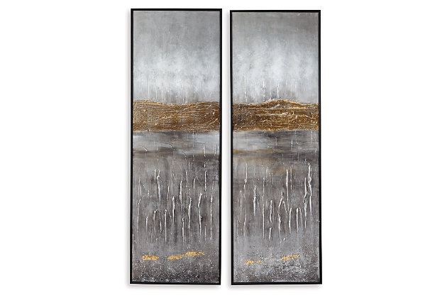Ethereal beauty. If you agree art should be open to interpretation, let this framed abstract on canvas set speak to you. Whether you see city streets or pastoral scenes, its rich, gold highlights and soothing palette of blue, gray and white are awash with possibilities.Set of 2 | Gallery wrapped framed canvas | Hand-painted | D-ring hanger