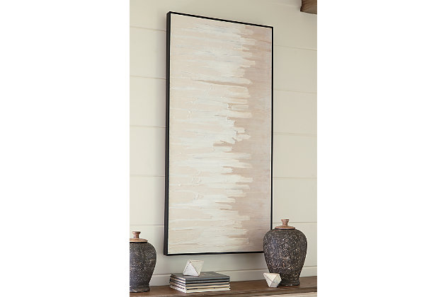 Whether you see a city skyline, stock market summary or simply art for art's sake, the Jennaya leaves it open to interpretation. Hand-painted design in soothing shades of tan and white is a natural fit in any space.Gallery wrapped framed canvas | Hand-painted | D-ring hanger