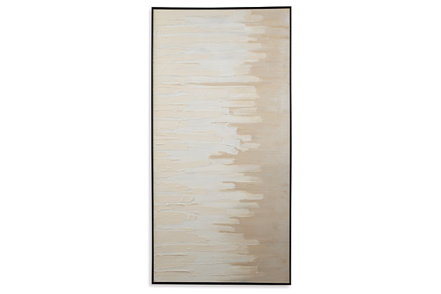 Whether you see a city skyline, stock market summary or simply art for art's sake, the Jennaya leaves it open to interpretation. Hand-painted design in soothing shades of tan and white is a natural fit in any space.Gallery wrapped framed canvas | Hand-painted | D-ring hanger