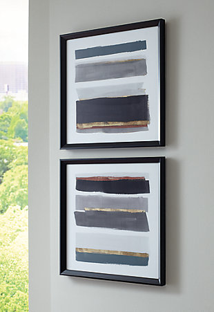 Abstract and graphic, the Hallwood set of framed art provides sophisticated images for your space. Hang these pieces anywhere you want to add an urban vibe.Framed print | Set of 2 | Abstract design in shades of black, gray, blue, orange and white | Glass front | D-ring hanger | Ready to hang