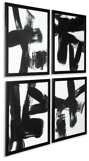 Create your own gallery wall with the Doro 4-piece wall art set. The abstract designs, in shades of black and white, add a clean and interesting aesthetic, whether gracing wall space in your den, home office or living room.Set of 4 | Framed black and white prints on paper | Glass front | D-ring bracket hangers | Hangs vertically or horizontally | Clean with a soft, dry cloth