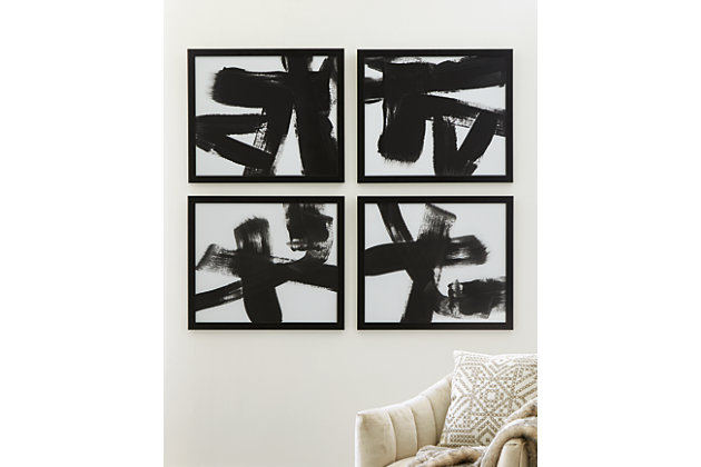 Create your own gallery wall with the Doro 4-piece wall art set. The abstract designs, in shades of black and white, add a clean and interesting aesthetic, whether gracing wall space in your den, home office or living room.Set of 4 | Framed black and white prints on paper | Glass front | D-ring bracket hangers | Hangs vertically or horizontally | Clean with a soft, dry cloth