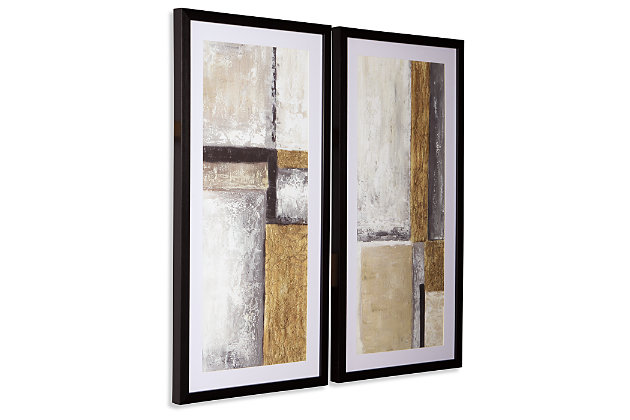 The essence of abstract elegance, Jaxley wall art blends a modern vibe with a subtle, earthy sensibility. Rich with mood and mystic, this intriguing set of 2 prints in shades of black, white, cream and gold will naturally complement your space.Set of 2 | Framed prints in shades of black, white, cream and gold | Glass front | D-ring bracket hangers | Hangs vertically or horizontally | Clean with a soft, dry cloth