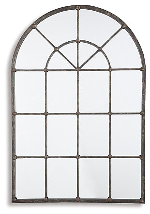 Just imagine how this dramatic mirror—inspired by cathedral windows—could bring light and life into a space. Metal mullion design is enhanced with industrial “fittings” that infuse so much character. Whether your decor is classic or contemporary, the Oengus mirror beautifully reflects your fine taste.Antiqued silvertone metal frame | Mirrored glass | Square bracket hanger | Clean with a soft, dry cloth