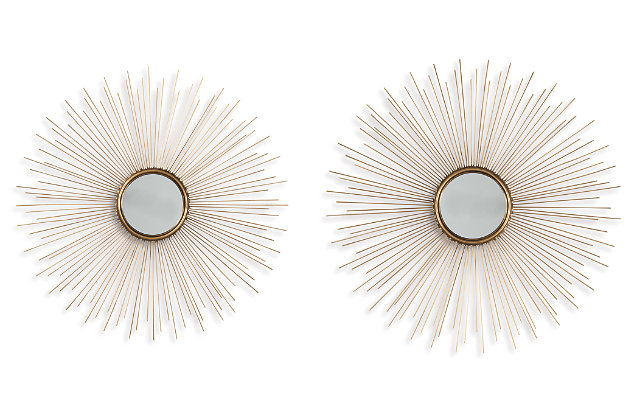 Bring a burst of energy into your space with this striking sunburst mirror. The blend of an ultra-mod aesthetic with an antiqued goldtone finish is a beautiful balance.Metal frame | Glass mirror | Keyhole hanger | Clean with a soft, dry cloth