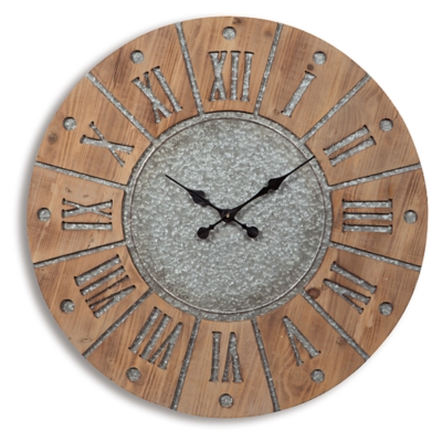 WHW Industrial Modern Wall Analog Clock, Pewter Grey Metal, Antique Gold  Numerals, Quartz Movement, 30 inches Diameter