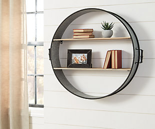 Create extra show-off space by hanging up the Eirny wall shelf. Generously scaled barrel design with wooden shelves puts your decor on display with style. Galvanized metal adds an industrial feel to the look.Made of natural wood and galvanized finished metal | 2 open shelves | Keyhole bracket hanger