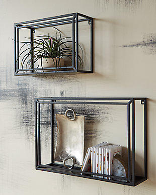 Feel free to express your shelf anyway you please with the Ehren 2-piece wall shelf set. Crafted of sturdy black metal, these minimalist chic shelves take open concepting to the max.Set of 2 | Made of metal | Black finish | Keyhole bracket hanger