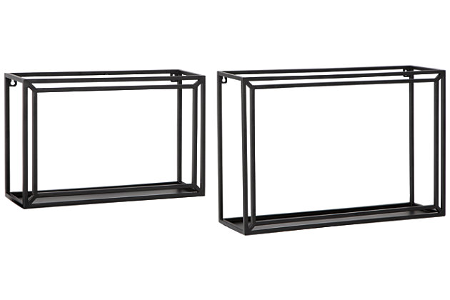 Feel free to express your shelf anyway you please with the Ehren 2-piece wall shelf set. Crafted of sturdy black metal, these minimalist chic shelves take open concepting to the max.Set of 2 | Made of metal | Black finish | Keyhole bracket hanger